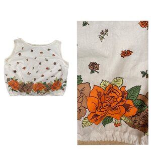 Vintage Women's Floral Cropped Sleeveless Square Neckline Cinched Tie Waist S/M